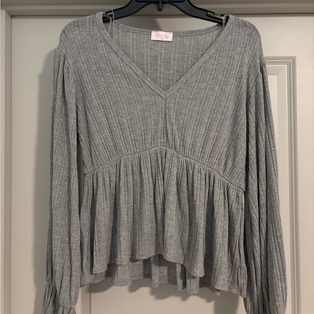 Pink Lily Heather Gray Ribbed Peplum Blouse